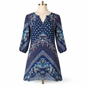 BeBop Womens M Tunic Dress 3/4 Sleeve V-Neck Paisley Blue Boho Festival Peasant